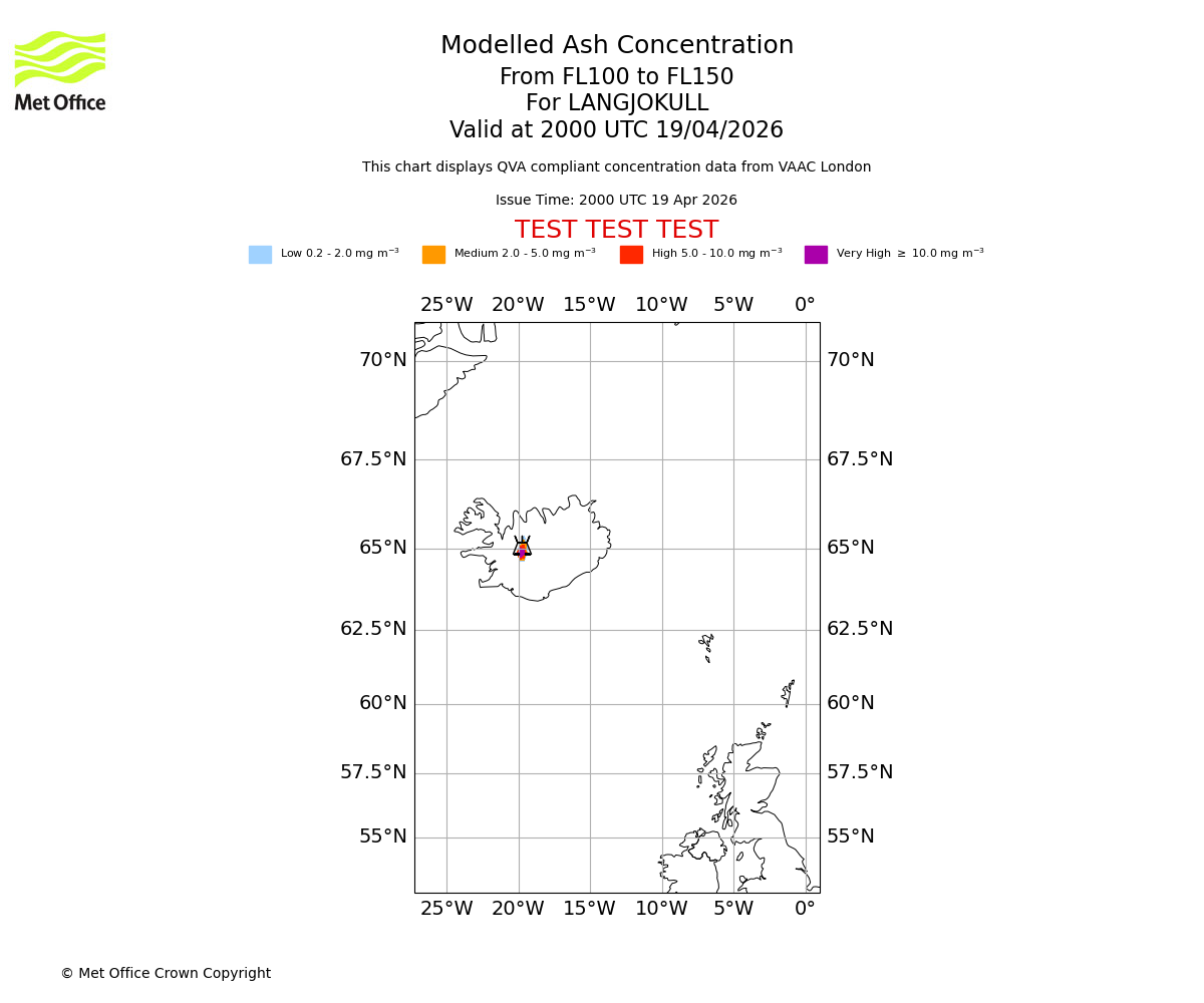 Modelled ash concentration from 100 to 150 for LANGJOKULL. Valid at 2000 UTC 19/04/2026
