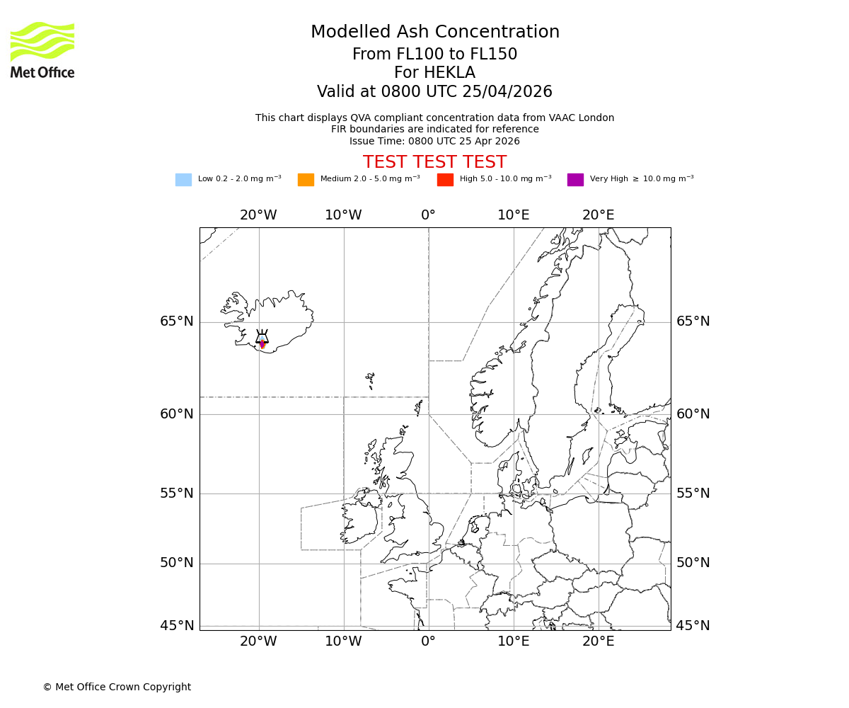 Modelled ash concentration from 100 to 150 for HEKLA. Valid at 0800 UTC 25/04/2026