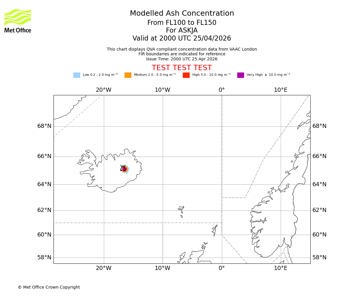 Modelled ash concentration from 100 to 150 for ASKJA. Valid at 2000 UTC 25/04/2026