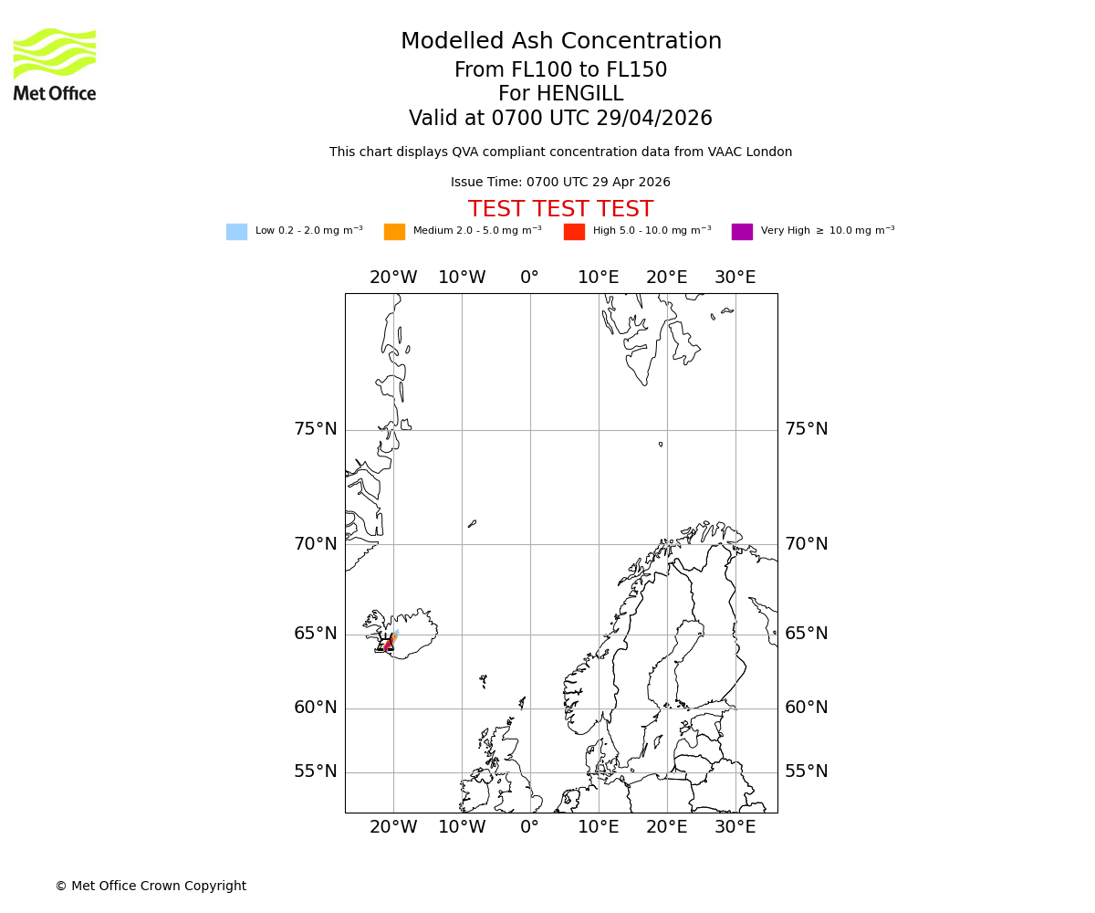 Modelled ash concentration from 100 to 150 for HENGILL. Valid at 0700 UTC 29/04/2026