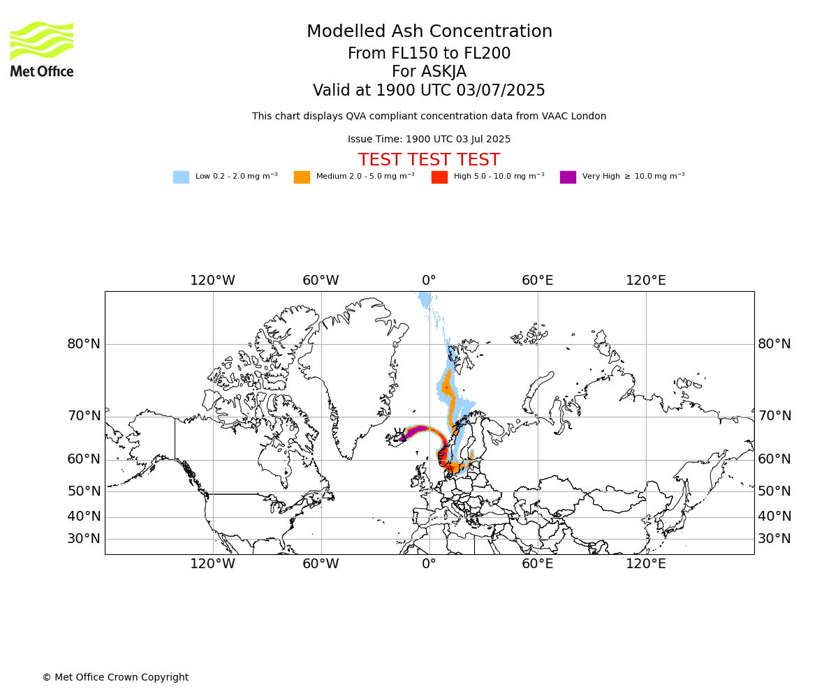 Modelled ash concentration from 150 to 200 for ASKJA. Valid at 1900 UTC 03/07/2025