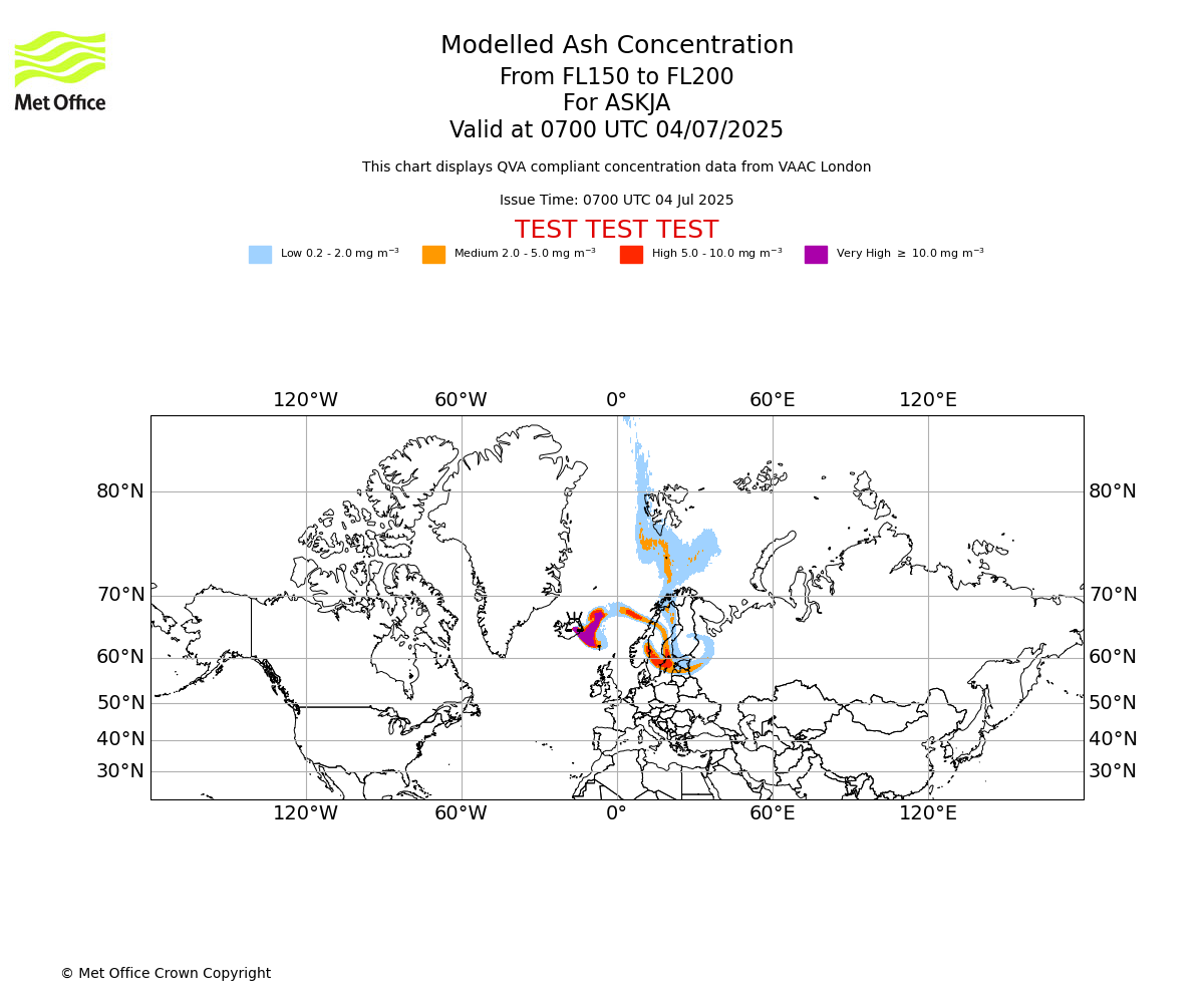 Modelled ash concentration from 150 to 200 for ASKJA. Valid at 0700 UTC 04/07/2025