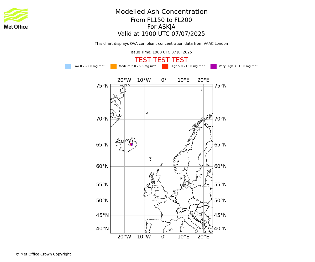 Modelled ash concentration from 150 to 200 for ASKJA. Valid at 1900 UTC 07/07/2025
