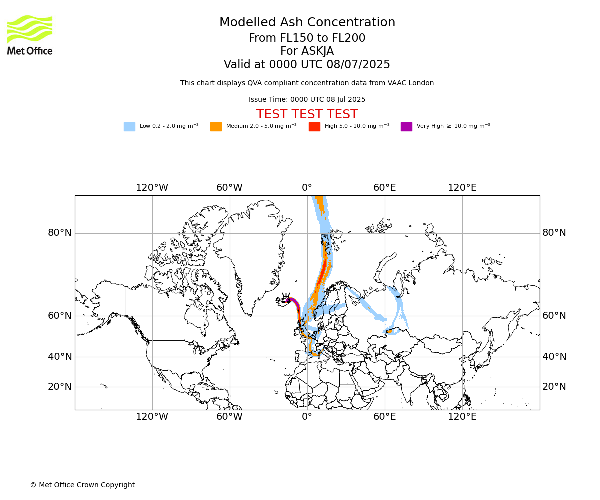Modelled ash concentration from 150 to 200 for ASKJA. Valid at 0000 UTC 08/07/2025