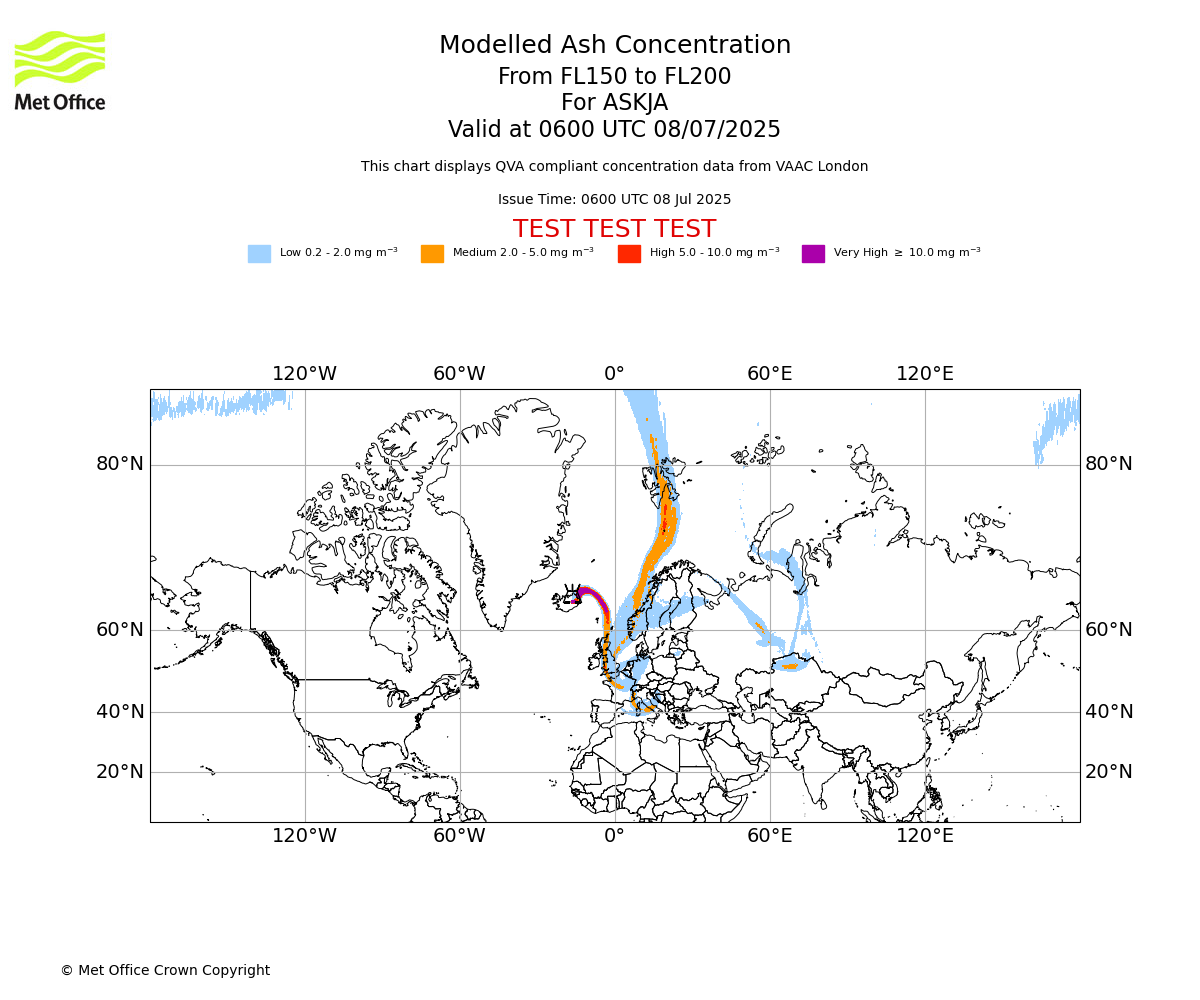 Modelled ash concentration from 150 to 200 for ASKJA. Valid at 0600 UTC 08/07/2025