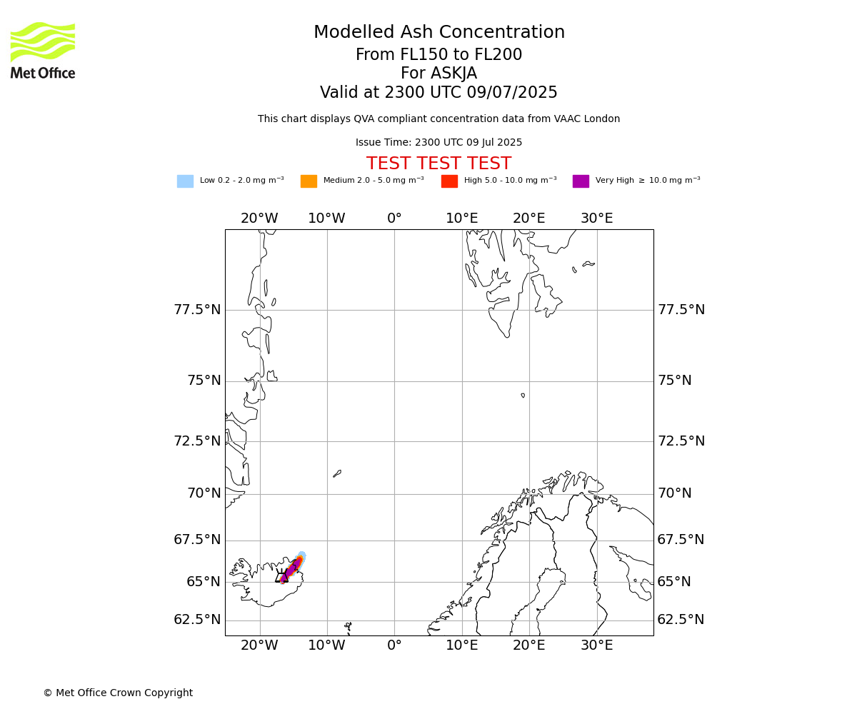 Modelled ash concentration from 150 to 200 for ASKJA. Valid at 2300 UTC 09/07/2025