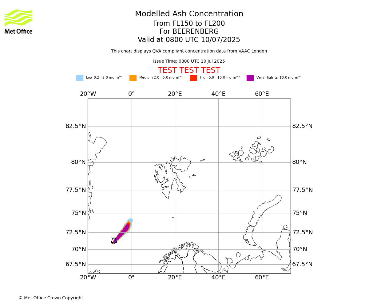 Modelled ash concentration from 150 to 200 for BEERENBERG. Valid at 0800 UTC 10/07/2025