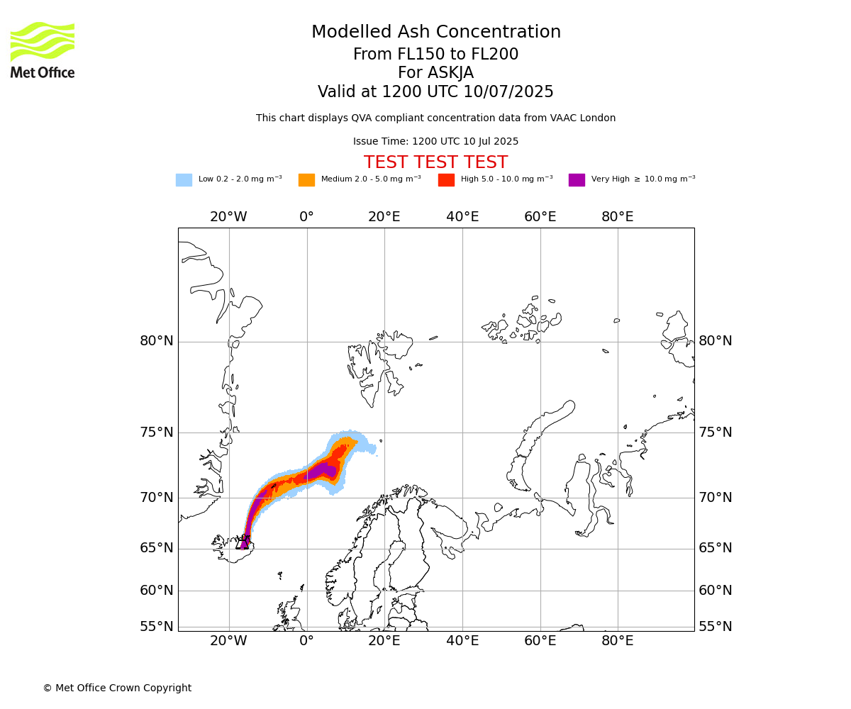 Modelled ash concentration from 150 to 200 for ASKJA. Valid at 1200 UTC 10/07/2025