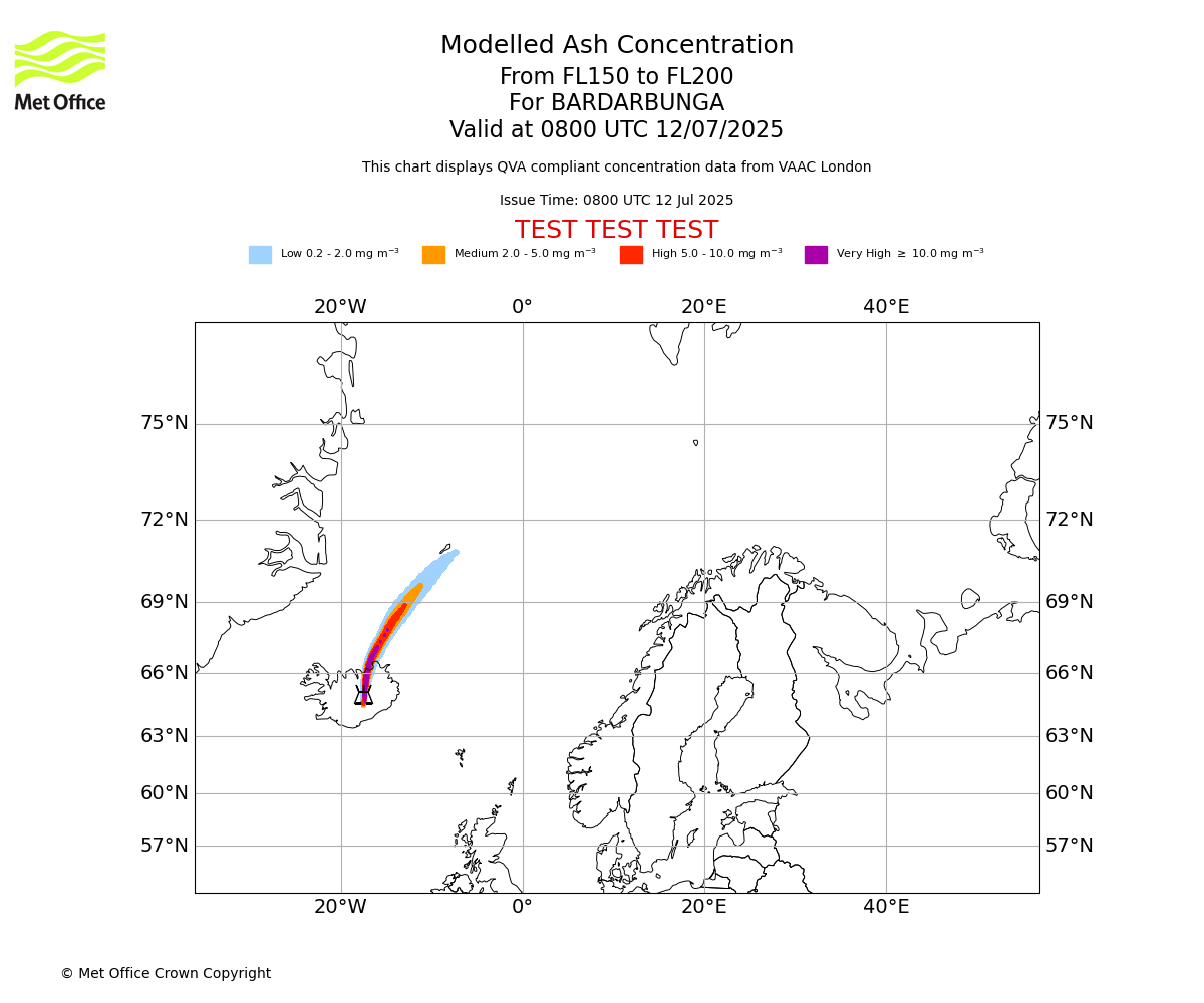 Modelled ash concentration from 150 to 200 for BARDARBUNGA. Valid at 0800 UTC 12/07/2025