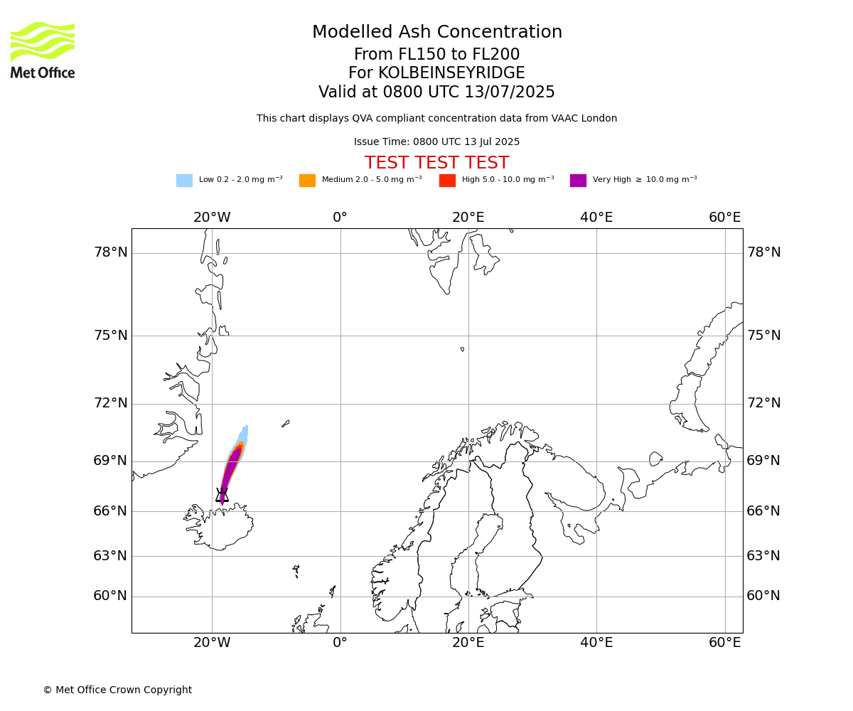 Modelled ash concentration from 150 to 200 for KOLBEINSEYRIDGE. Valid at 0800 UTC 13/07/2025