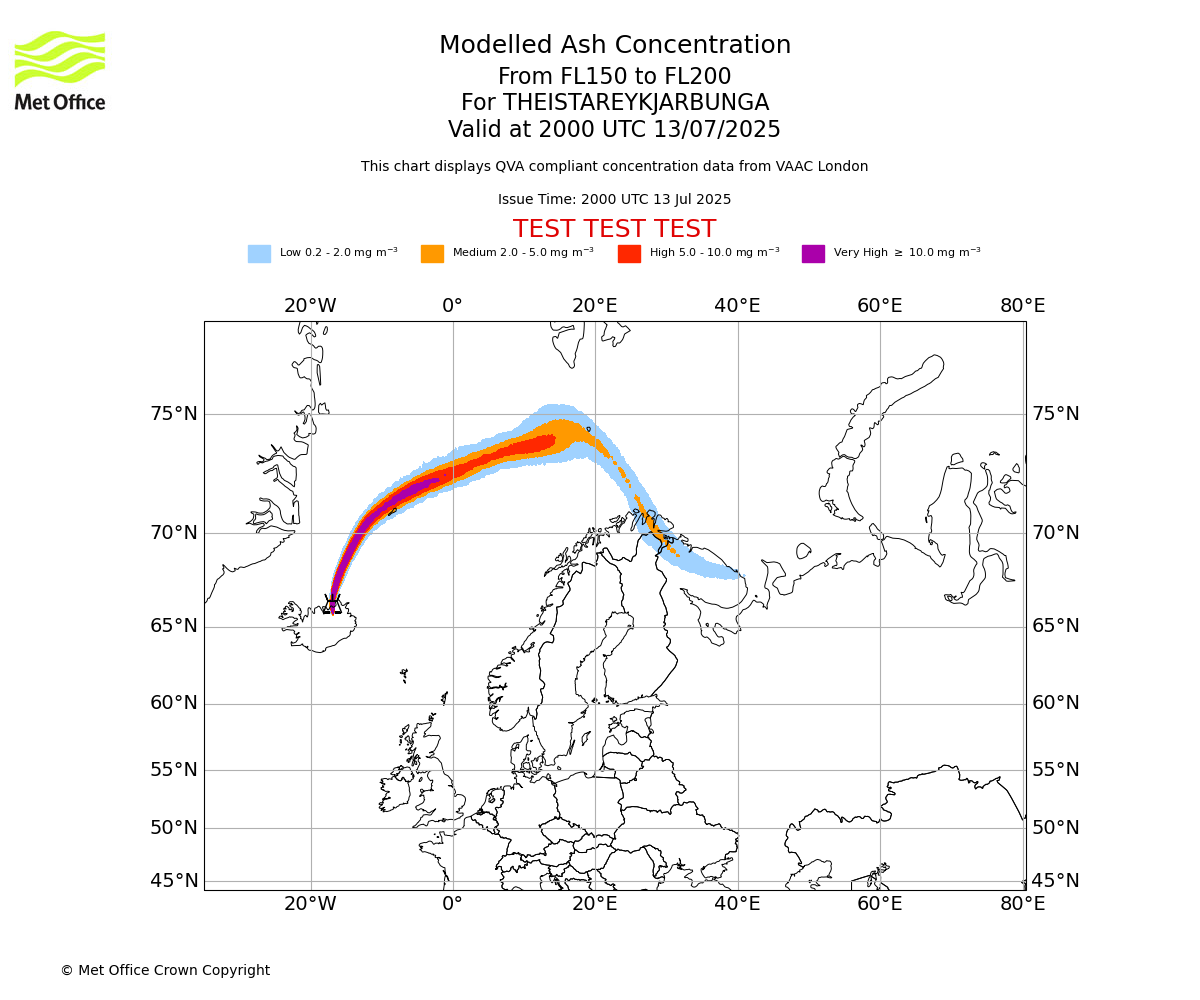 Modelled ash concentration from 150 to 200 for THEISTAREYKJARBUNGA. Valid at 2000 UTC 13/07/2025