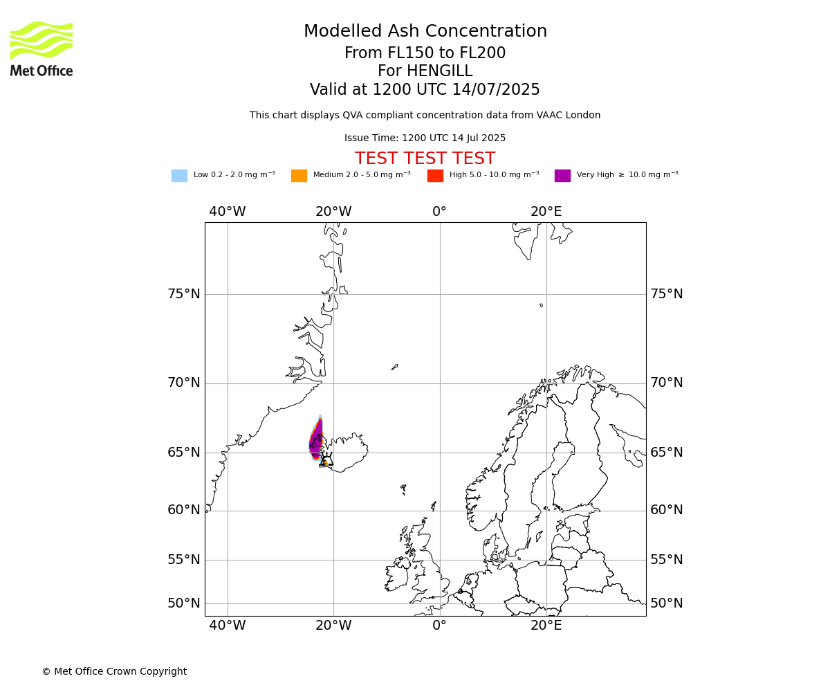 Modelled ash concentration from 150 to 200 for HENGILL. Valid at 1200 UTC 14/07/2025