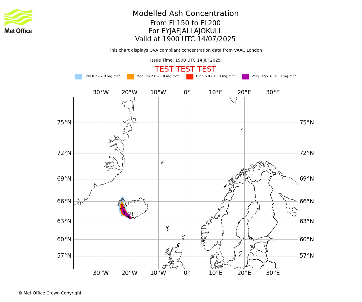 Modelled ash concentration from 150 to 200 for EYJAFJALLAJOKULL. Valid at 1900 UTC 14/07/2025