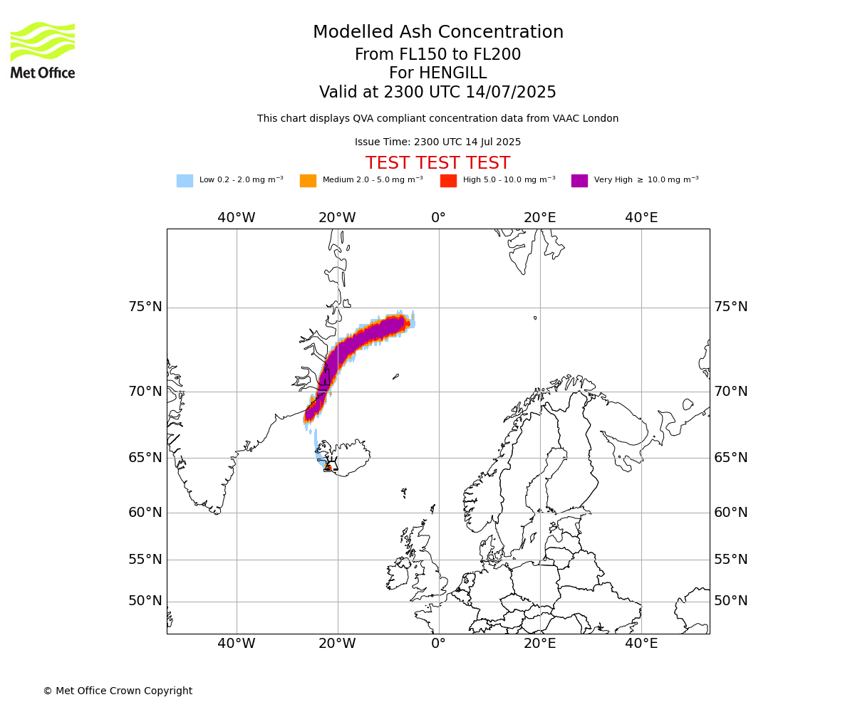 Modelled ash concentration from 150 to 200 for HENGILL. Valid at 2300 UTC 14/07/2025