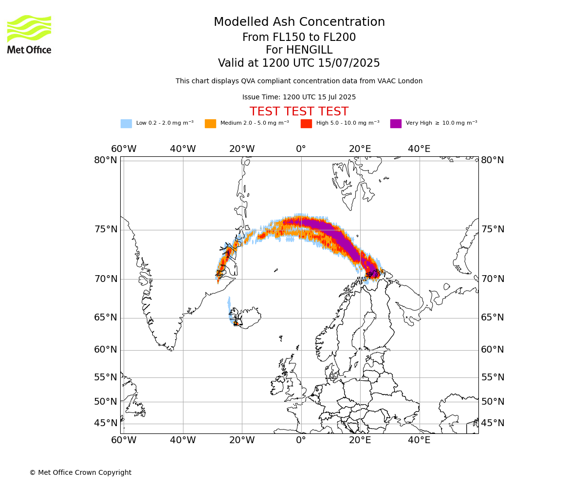 Modelled ash concentration from 150 to 200 for HENGILL. Valid at 1200 UTC 15/07/2025