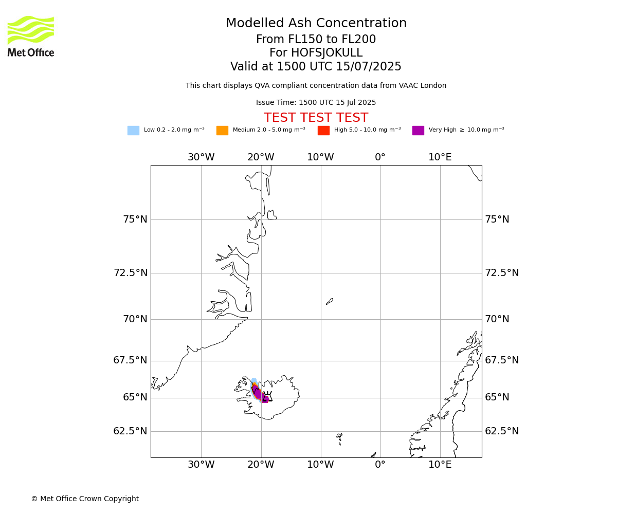 Modelled ash concentration from 150 to 200 for HOFSJOKULL. Valid at 1500 UTC 15/07/2025