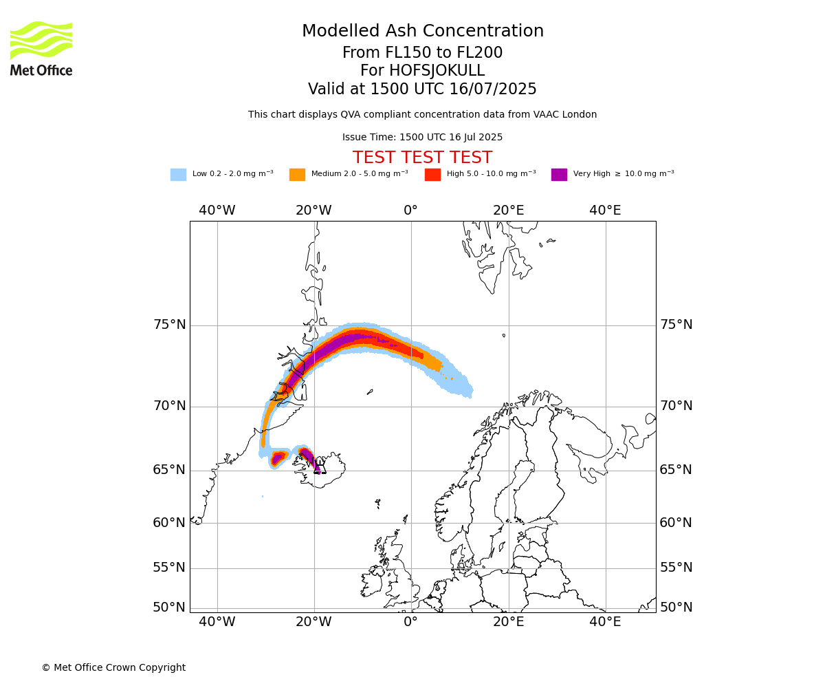 Modelled ash concentration from 150 to 200 for HOFSJOKULL. Valid at 1500 UTC 16/07/2025