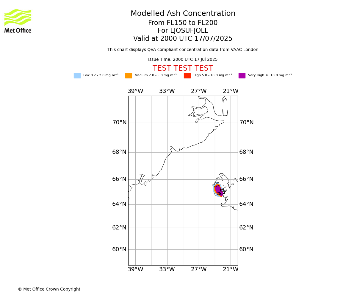 Modelled ash concentration from 150 to 200 for LJOSUFJOLL. Valid at 2000 UTC 17/07/2025