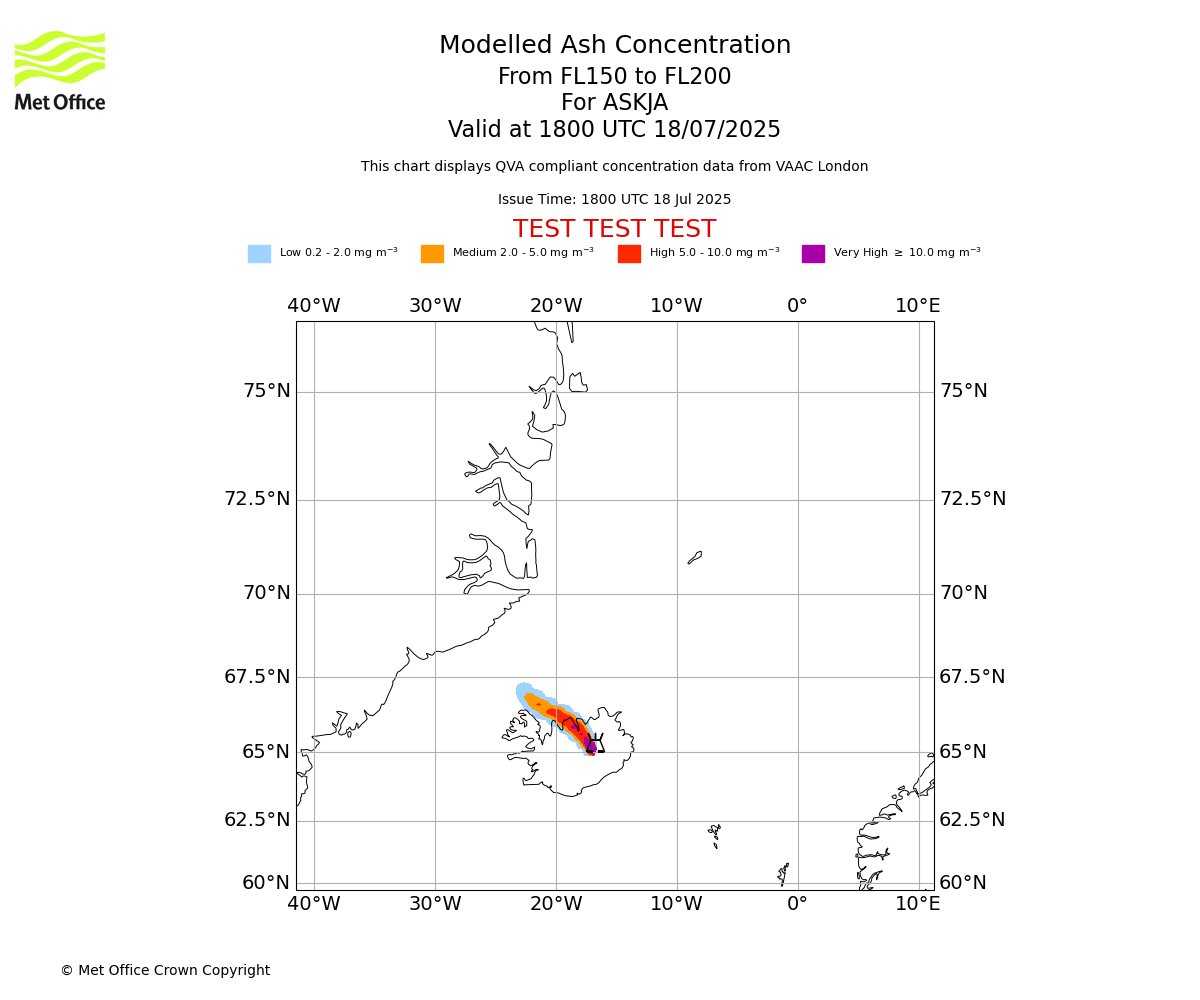 Modelled ash concentration from 150 to 200 for ASKJA. Valid at 1800 UTC 18/07/2025