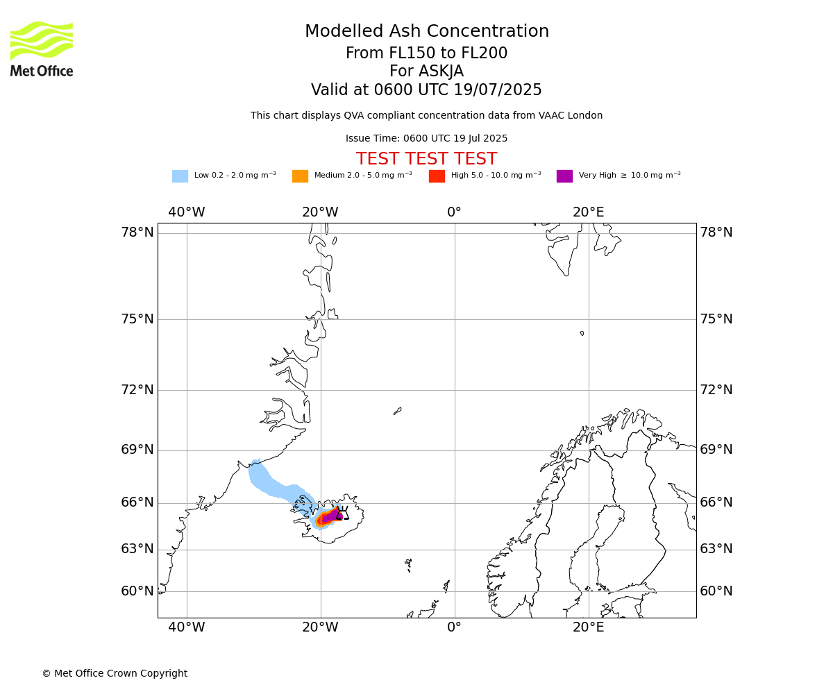Modelled ash concentration from 150 to 200 for ASKJA. Valid at 0600 UTC 19/07/2025