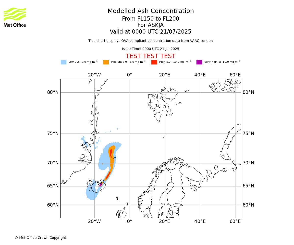 Modelled ash concentration from 150 to 200 for ASKJA. Valid at 0000 UTC 21/07/2025