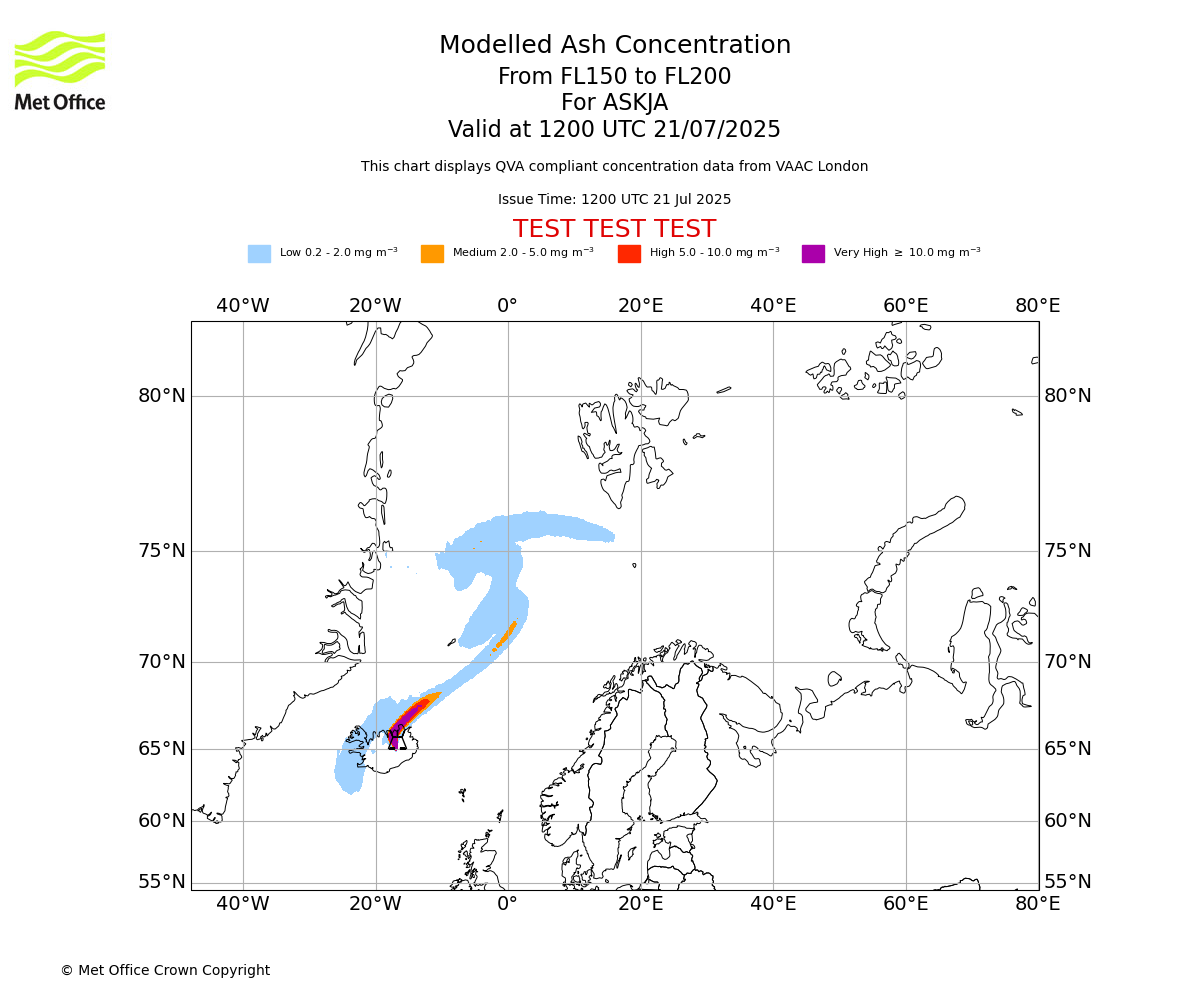 Modelled ash concentration from 150 to 200 for ASKJA. Valid at 1200 UTC 21/07/2025