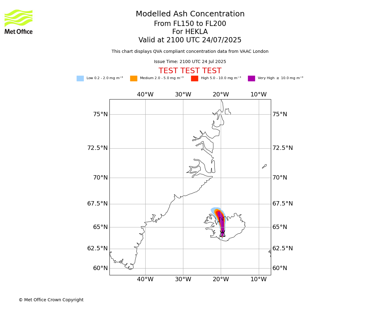 Modelled ash concentration from 150 to 200 for HEKLA. Valid at 2100 UTC 24/07/2025