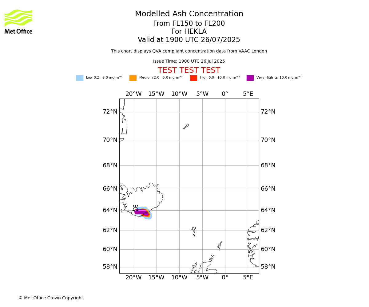 Modelled ash concentration from 150 to 200 for HEKLA. Valid at 1900 UTC 26/07/2025