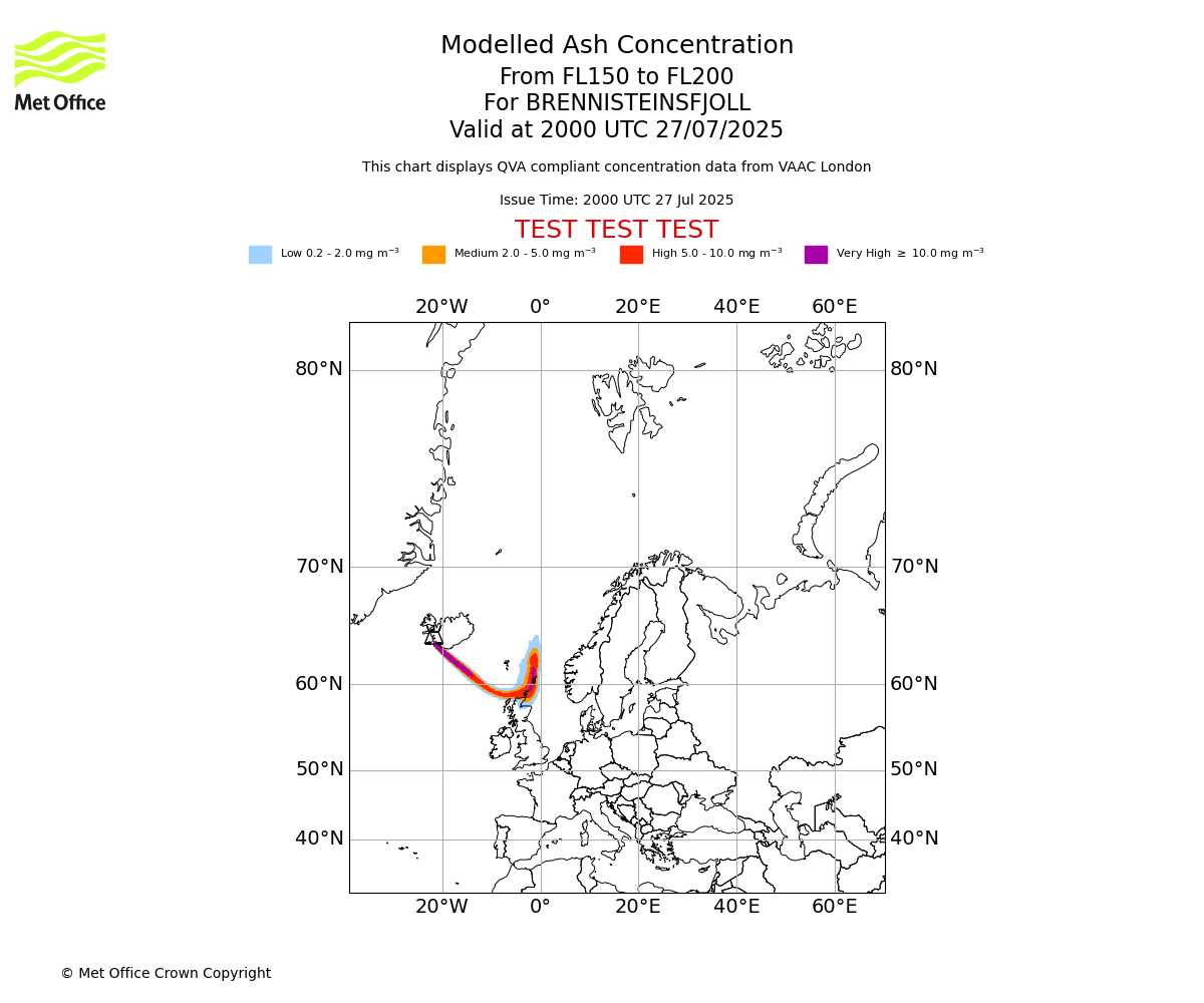 Modelled ash concentration from 150 to 200 for BRENNISTEINSFJOLL. Valid at 2000 UTC 27/07/2025