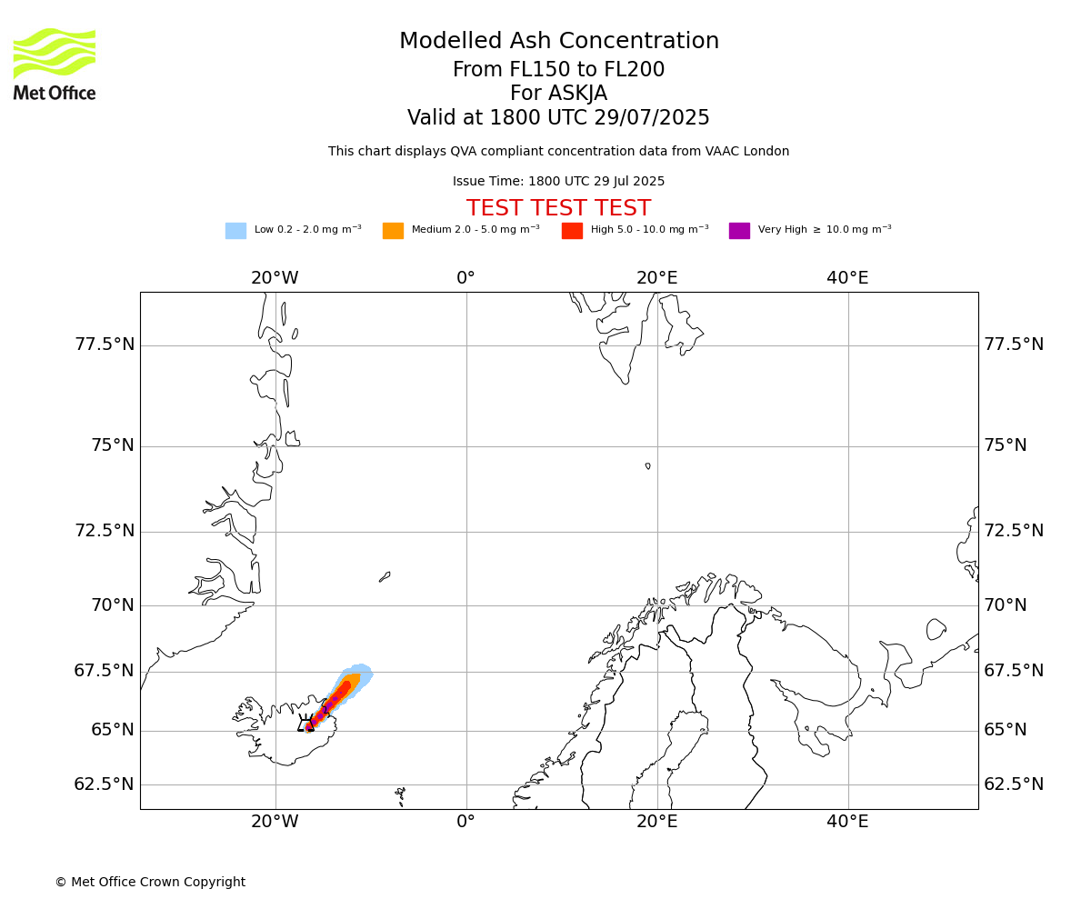 Modelled ash concentration from 150 to 200 for ASKJA. Valid at 1800 UTC 29/07/2025