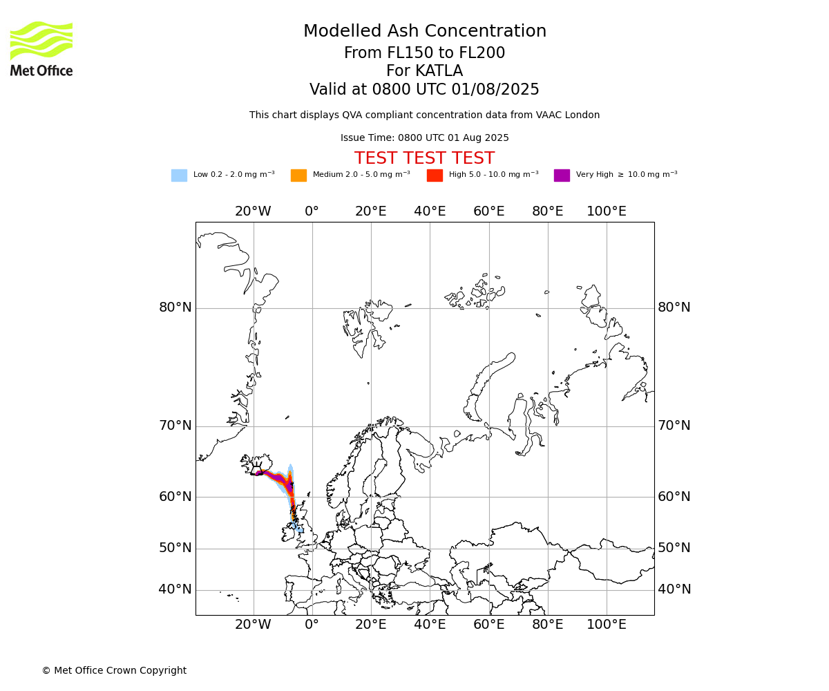 Modelled ash concentration from 150 to 200 for KATLA. Valid at 0800 UTC 01/08/2025