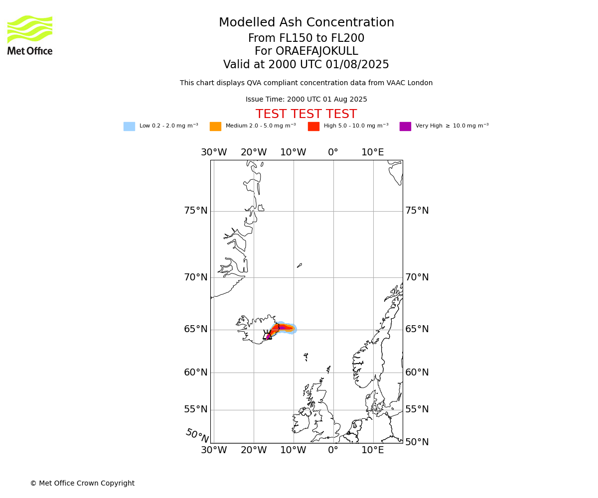 Modelled ash concentration from 150 to 200 for ORAEFAJOKULL. Valid at 2000 UTC 01/08/2025