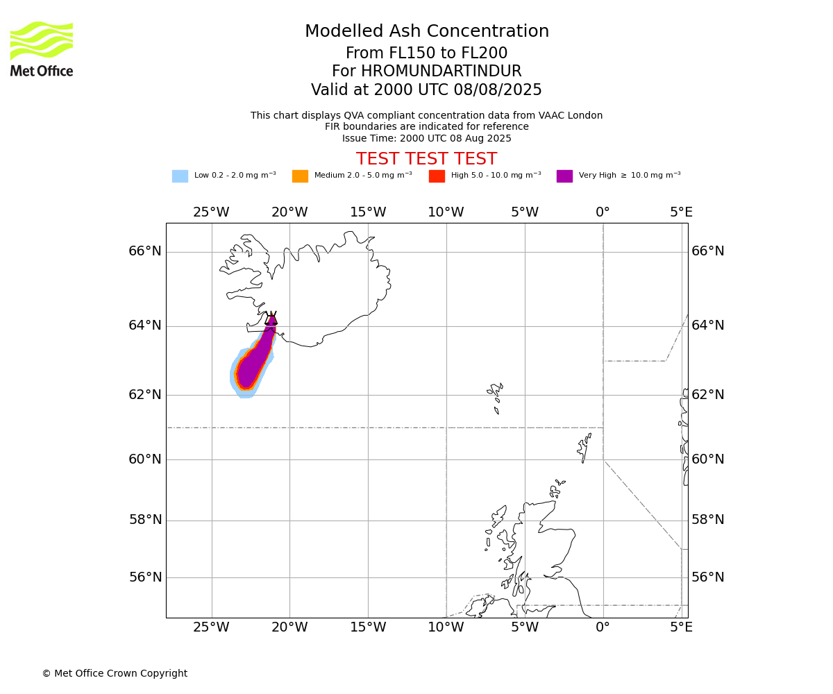 Modelled ash concentration from 150 to 200 for HROMUNDARTINDUR. Valid at 2000 UTC 08/08/2025