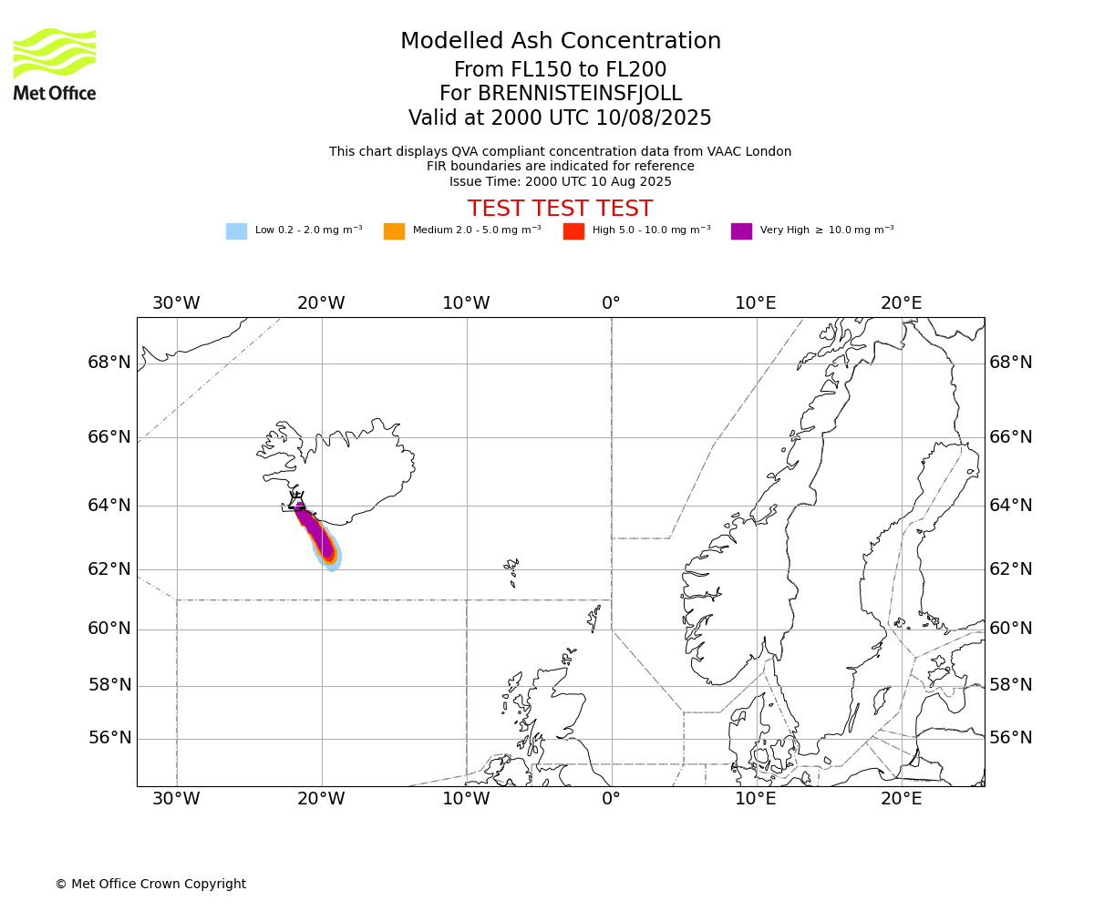Modelled ash concentration from 150 to 200 for BRENNISTEINSFJOLL. Valid at 2000 UTC 10/08/2025