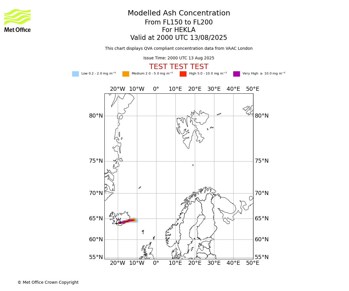 Modelled ash concentration from 150 to 200 for HEKLA. Valid at 2000 UTC 13/08/2025