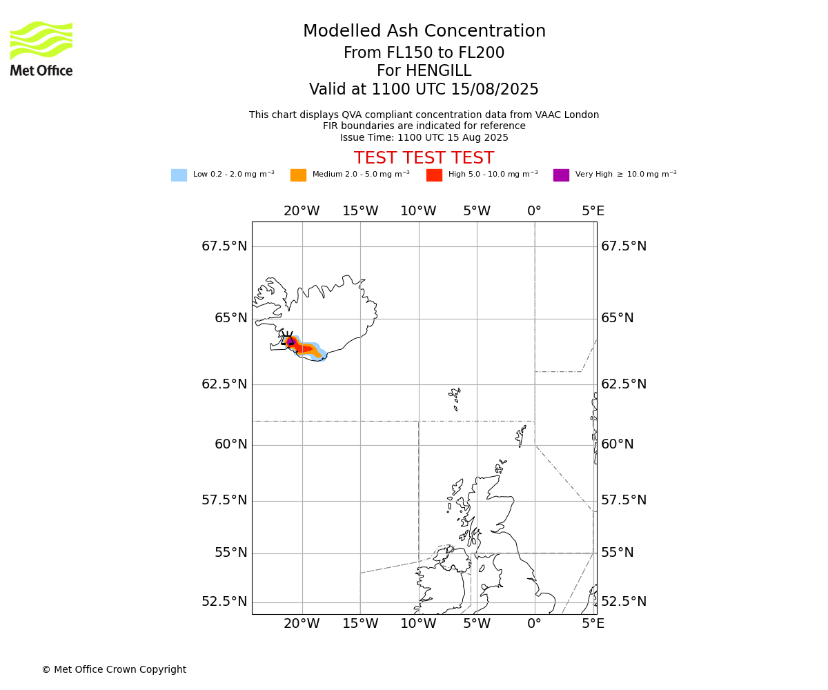 Modelled ash concentration from 150 to 200 for HENGILL. Valid at 1100 UTC 15/08/2025