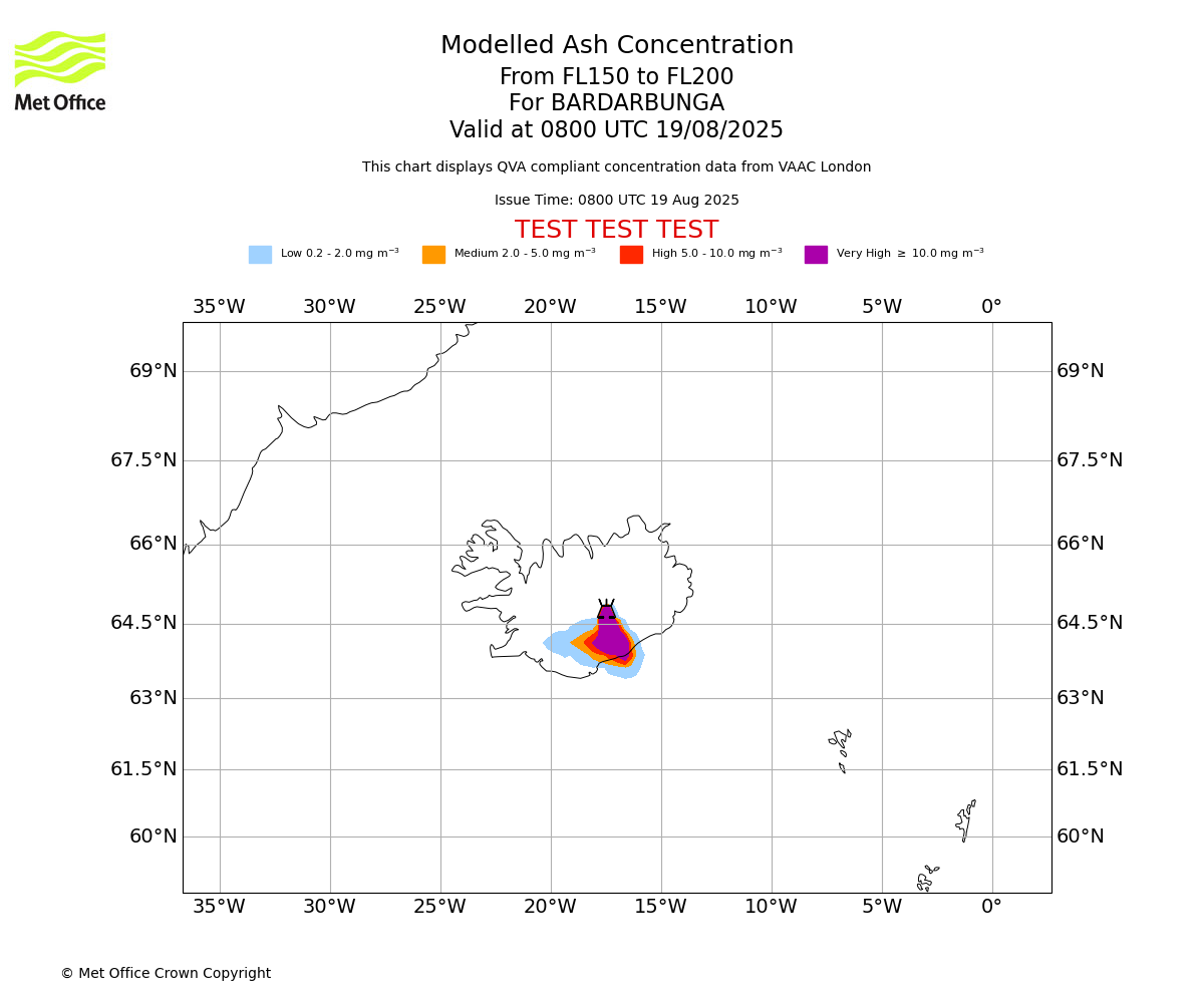 Modelled ash concentration from 150 to 200 for BARDARBUNGA. Valid at 0800 UTC 19/08/2025
