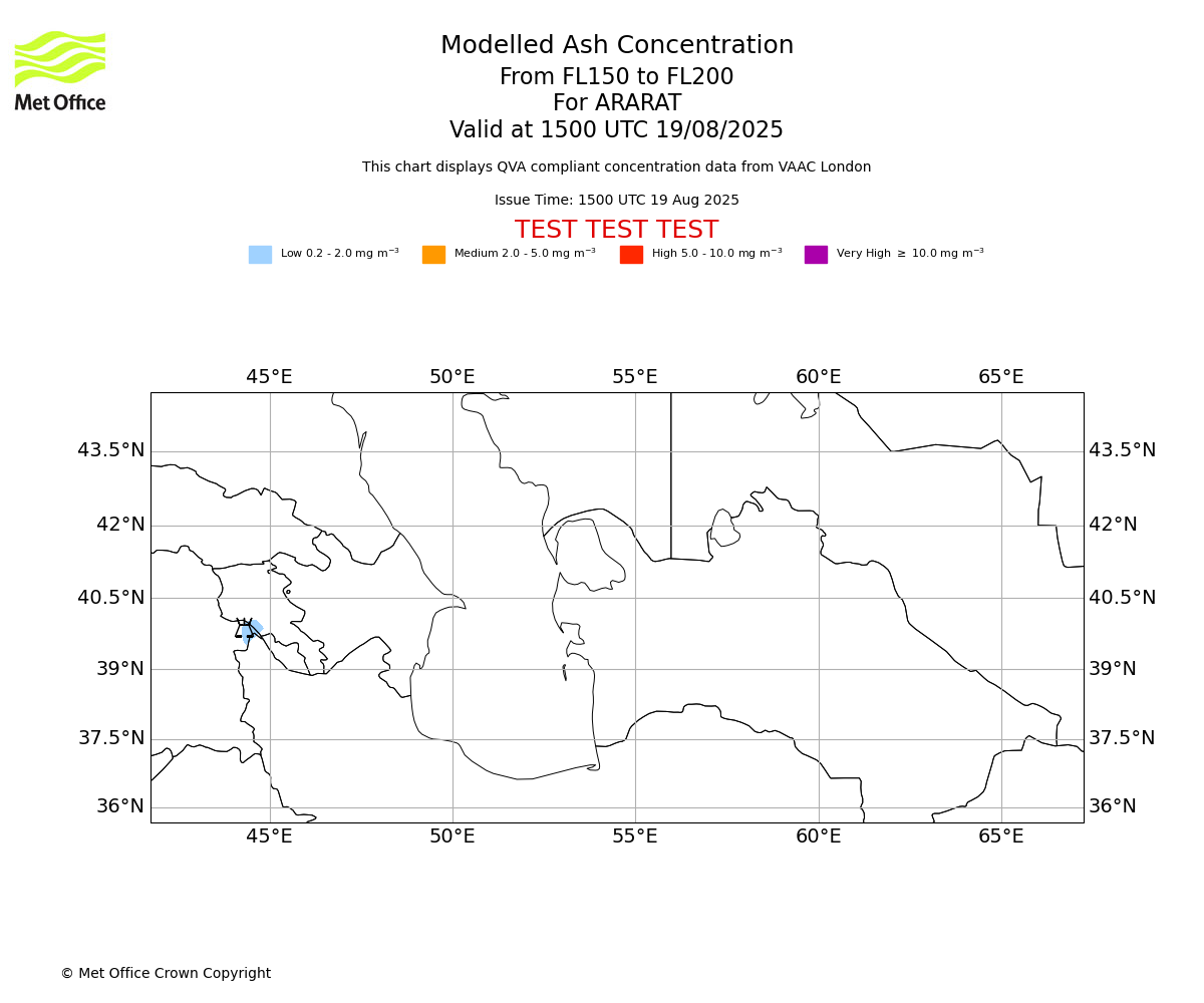 Modelled ash concentration from 150 to 200 for ARARAT. Valid at 1500 UTC 19/08/2025