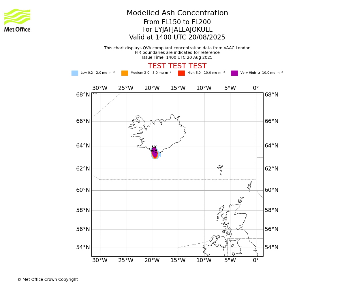 Modelled ash concentration from 150 to 200 for EYJAFJALLAJOKULL. Valid at 1400 UTC 20/08/2025