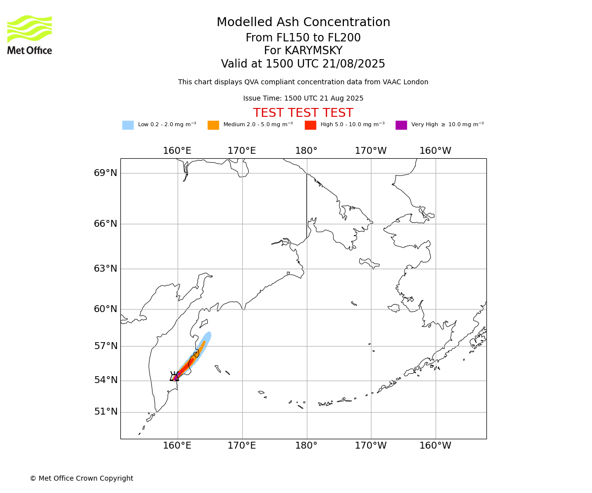 Modelled ash concentration from 150 to 200 for KARYMSKY. Valid at 1500 UTC 21/08/2025