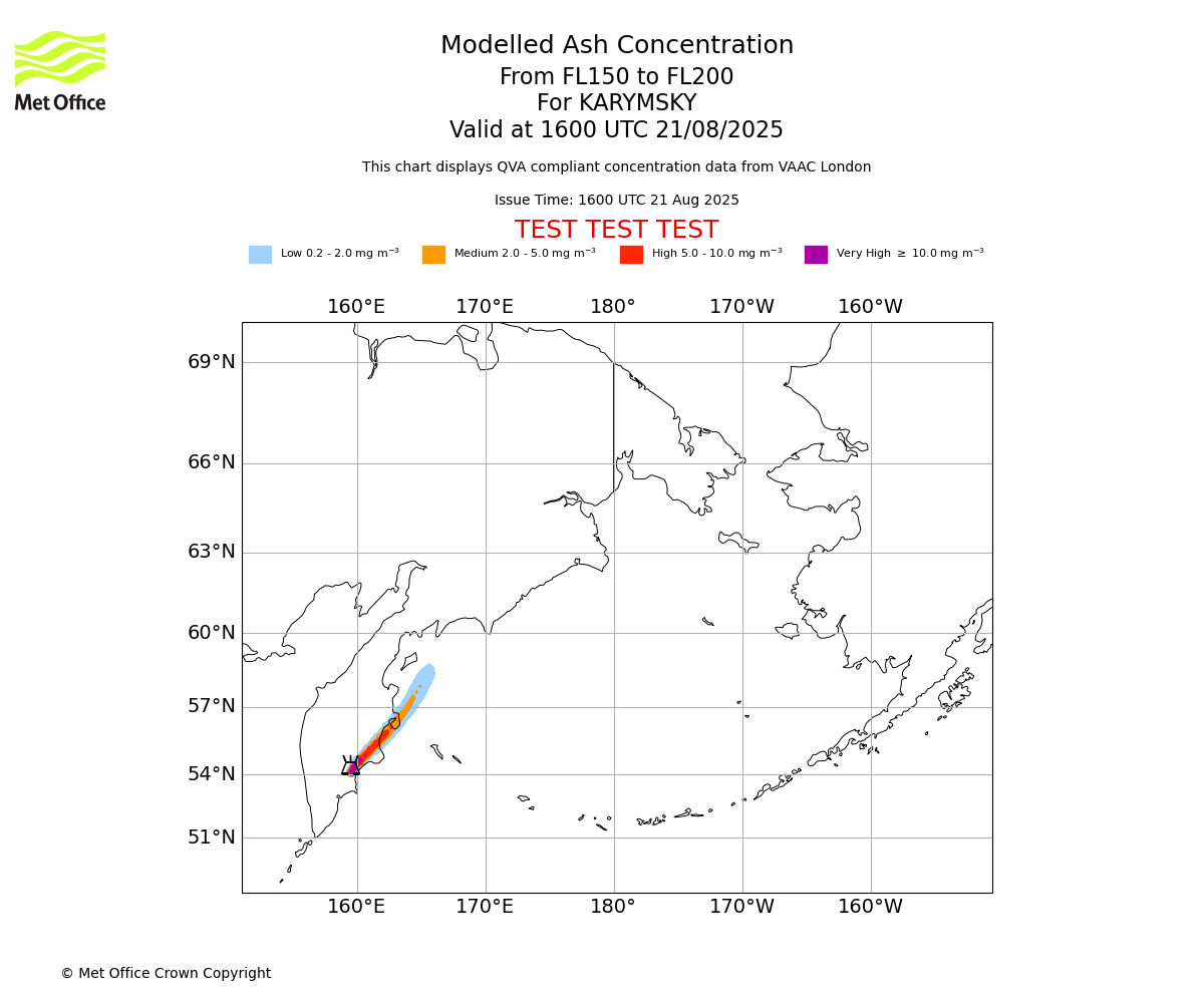 Modelled ash concentration from 150 to 200 for KARYMSKY. Valid at 1600 UTC 21/08/2025