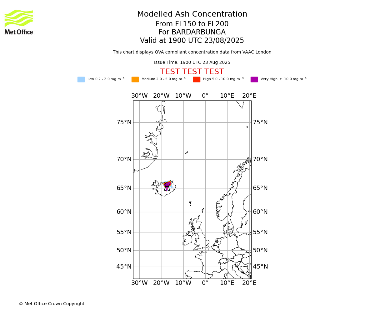 Modelled ash concentration from 150 to 200 for BARDARBUNGA. Valid at 1900 UTC 23/08/2025