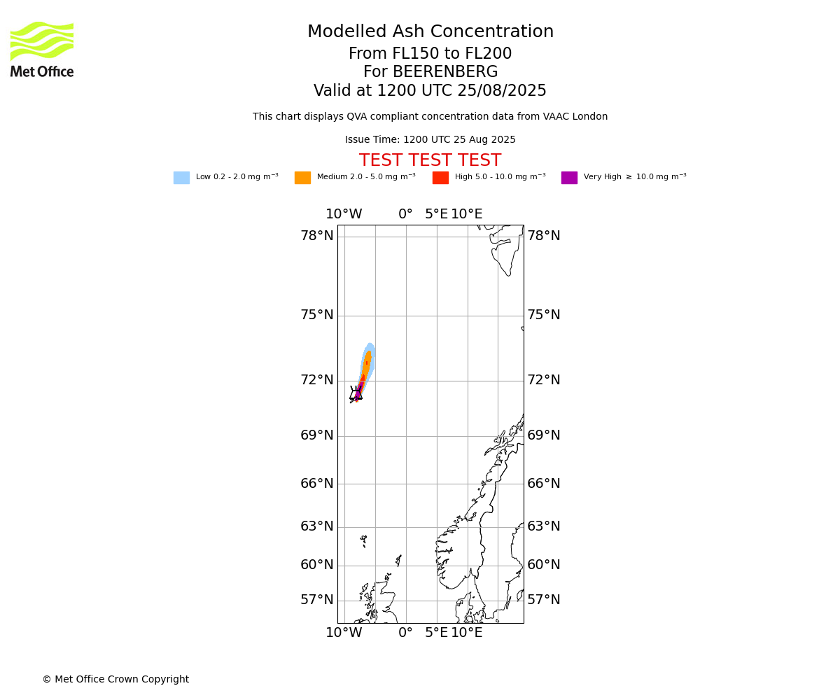 Modelled ash concentration from 150 to 200 for BEERENBERG. Valid at 1200 UTC 25/08/2025