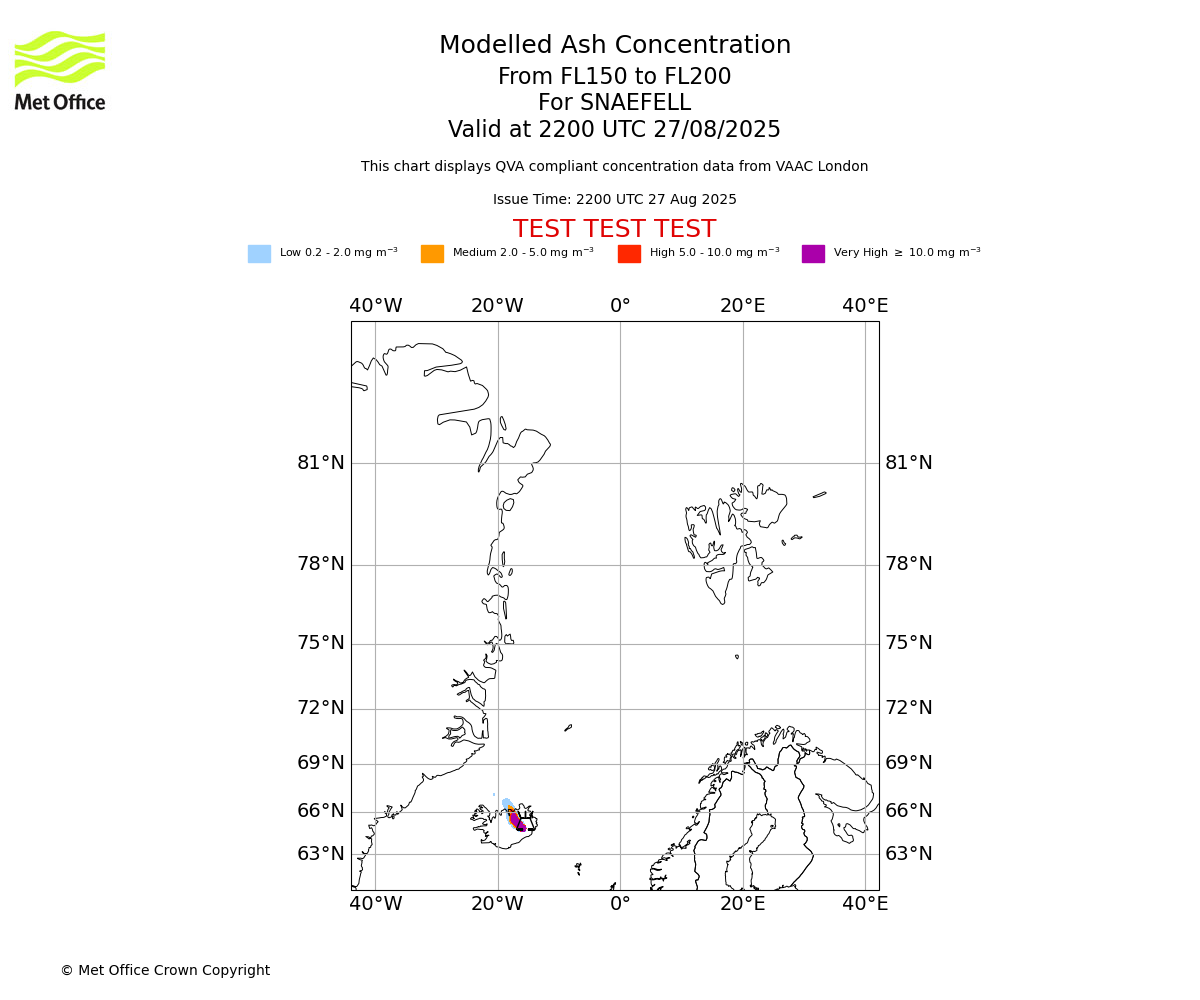 Modelled ash concentration from 150 to 200 for SNAEFELL. Valid at 2200 UTC 27/08/2025