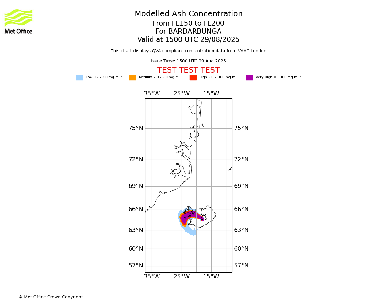 Modelled ash concentration from 150 to 200 for BARDARBUNGA. Valid at 1500 UTC 29/08/2025