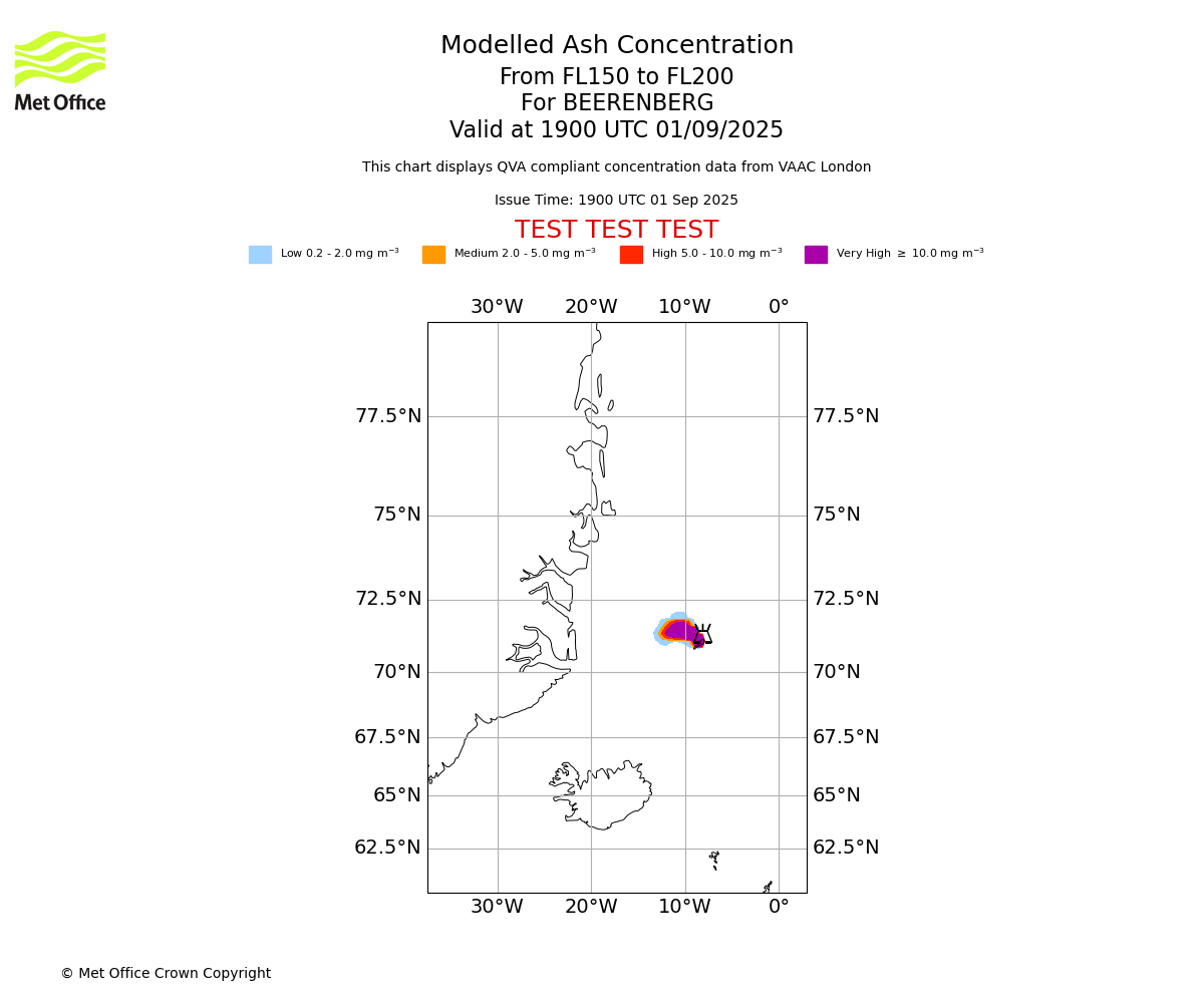 Modelled ash concentration from 150 to 200 for BEERENBERG. Valid at 1900 UTC 01/09/2025