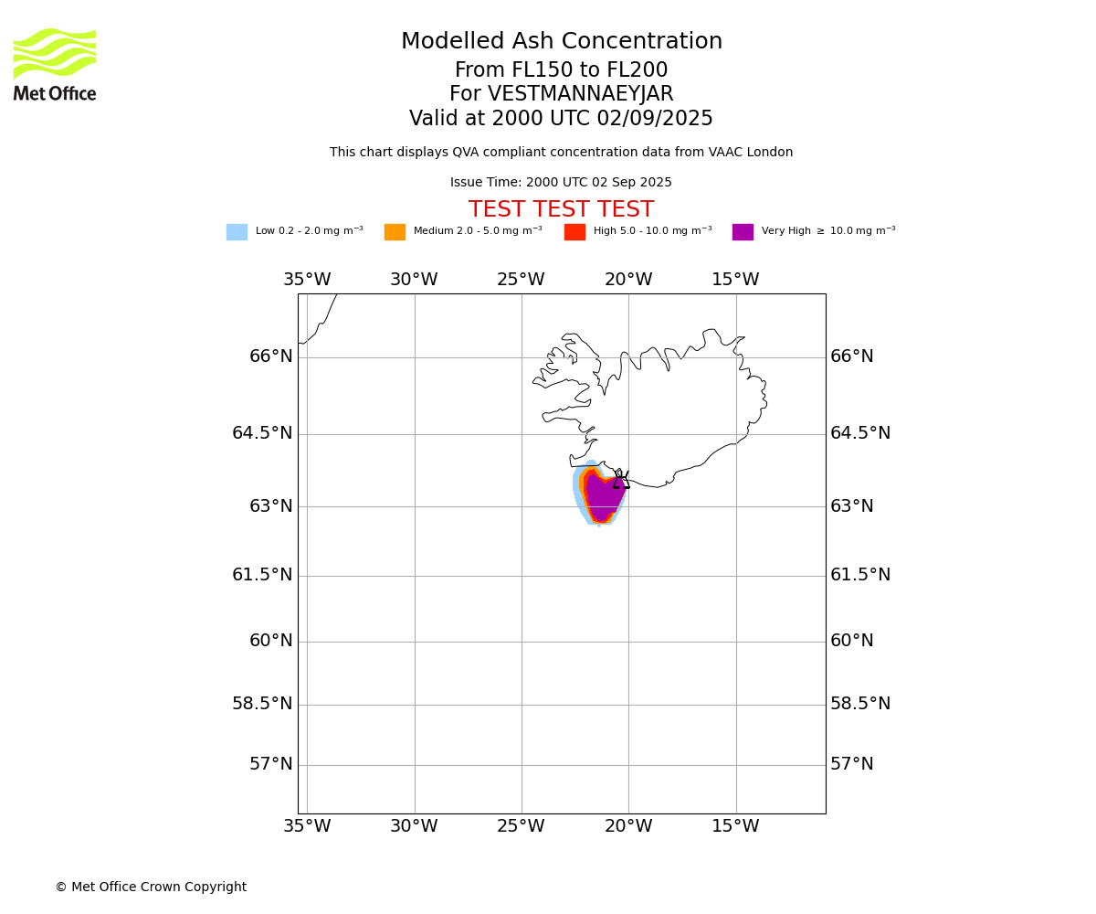 Modelled ash concentration from 150 to 200 for VESTMANNAEYJAR. Valid at 2000 UTC 02/09/2025