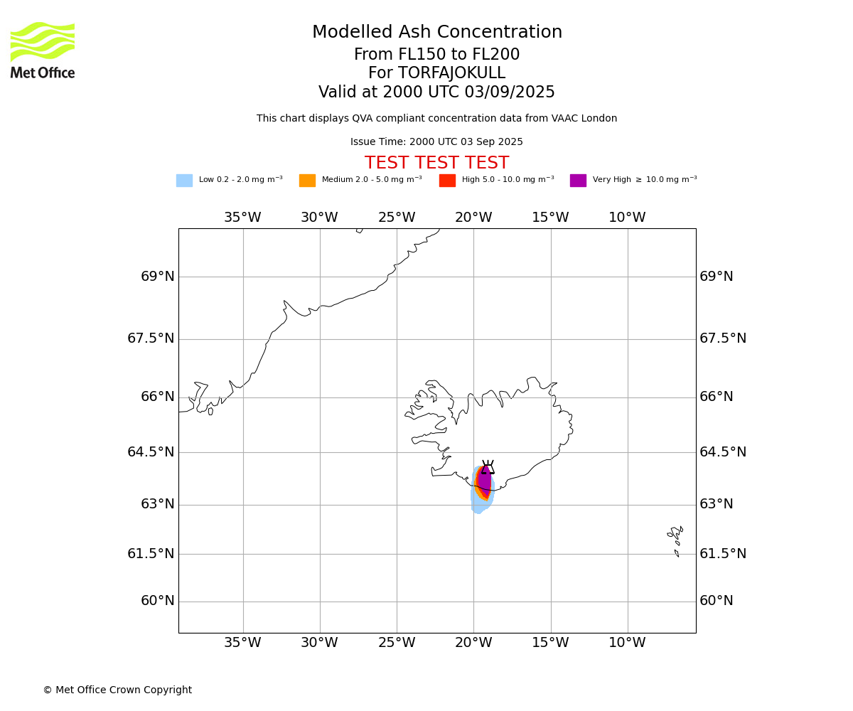 Modelled ash concentration from 150 to 200 for TORFAJOKULL. Valid at 2000 UTC 03/09/2025