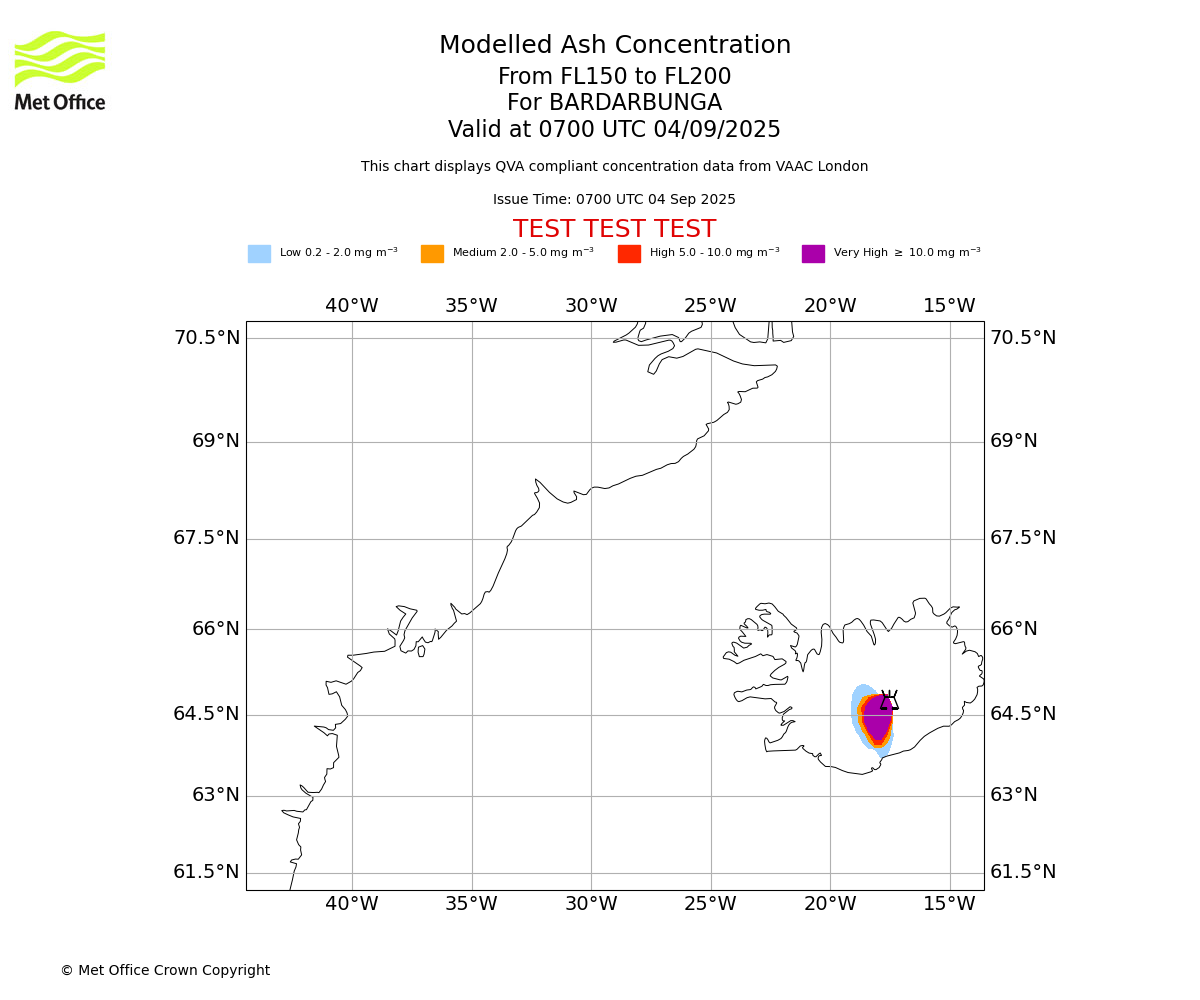 Modelled ash concentration from 150 to 200 for BARDARBUNGA. Valid at 0700 UTC 04/09/2025