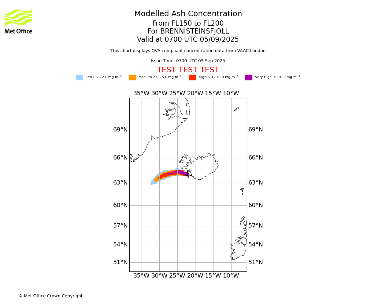Modelled ash concentration from 150 to 200 for BRENNISTEINSFJOLL. Valid at 0700 UTC 05/09/2025
